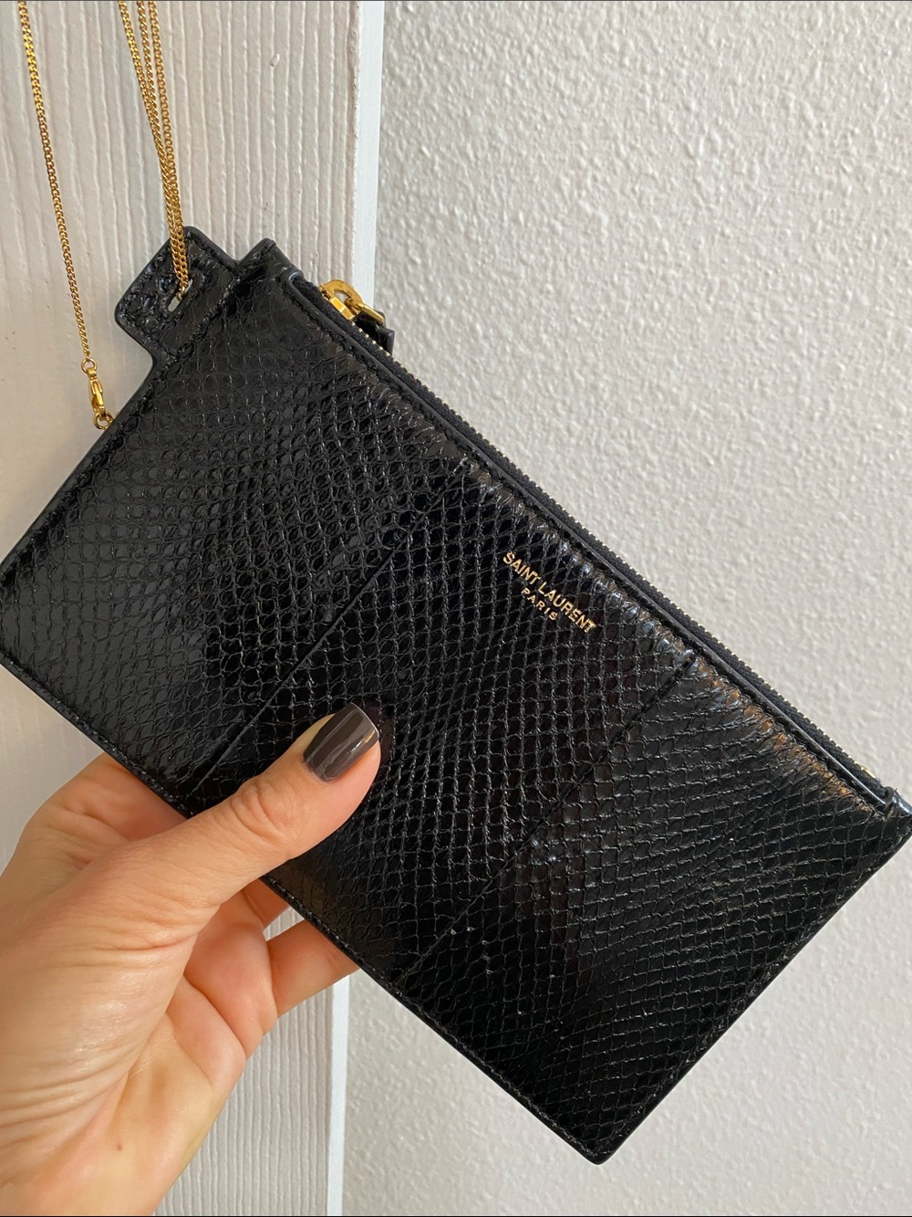 Saint Laurent Black Snake-Embossed Leather Wristlet with Gold Hardware